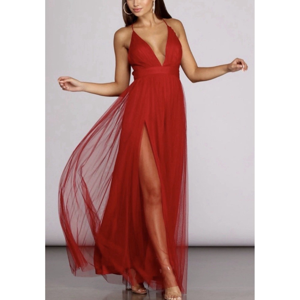 Windsor Red Tulle Maxi Dress Womens Small V-Neck Formal Gown VID8608